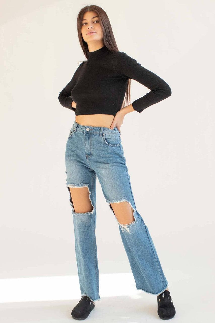 Black Mock Neck Cropped Sweater Product Image