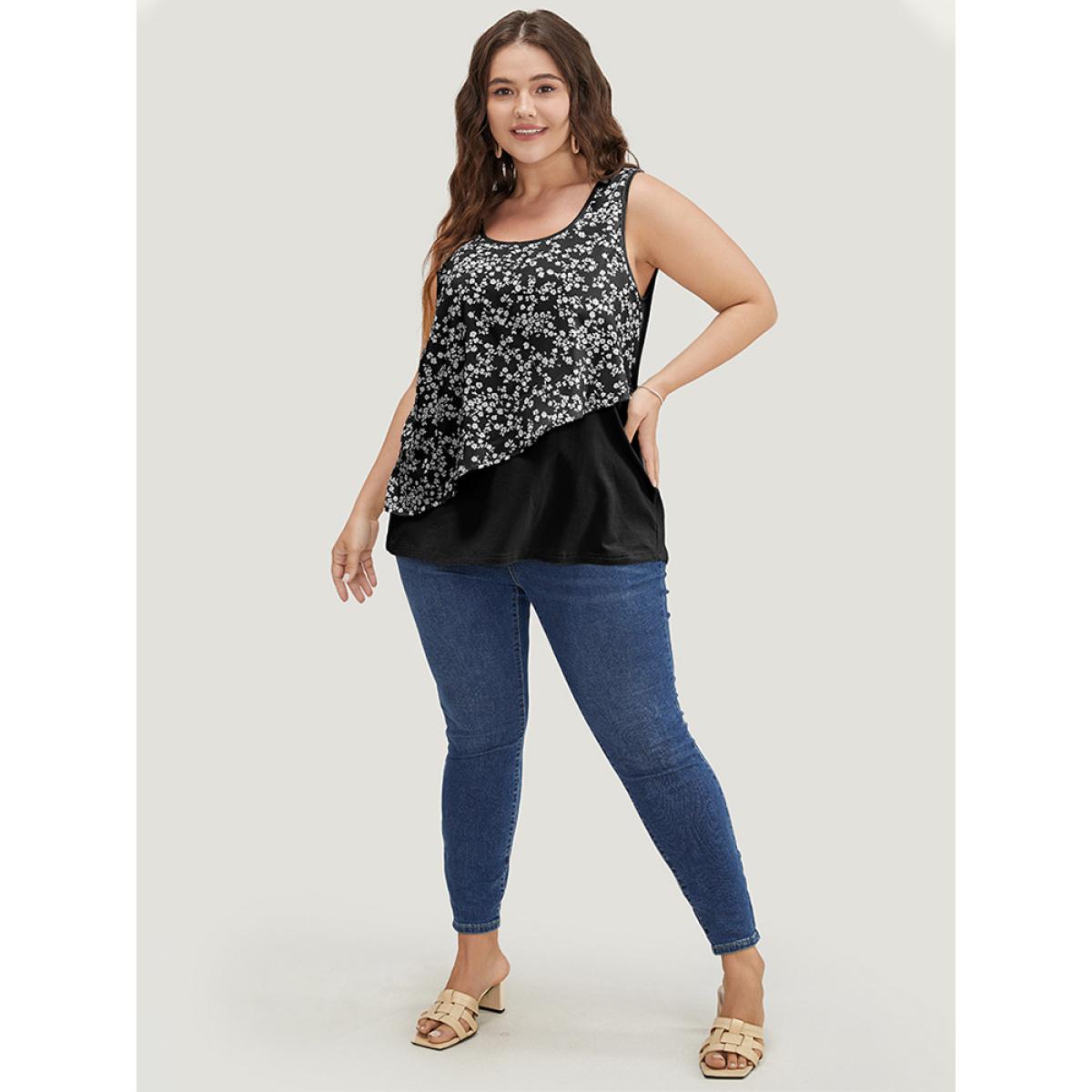 Plus Size Ditsy Floral Patchwork Tank Top Women Black Elegant Patchwork Round Neck Dailywear Tank Tops Camis BloomChic 30/6X Product Image