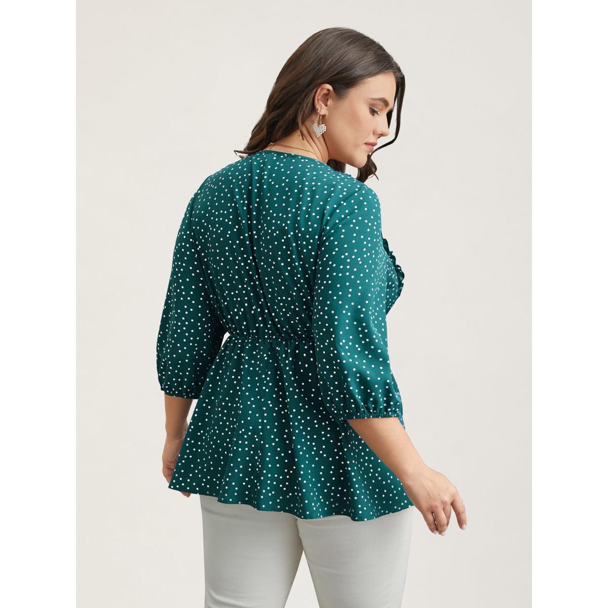 Plus Size Teal Polka Dots Ruffled Edged Stretchy-Waist Shirt Women Elegant Elbow-length sleeve Notched collar Everyday Blouses BloomChic 12/L Product Image