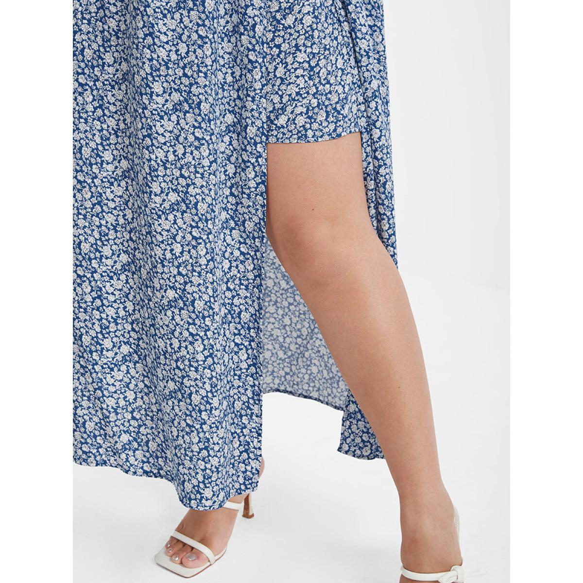 Plus Size Ditsy Floral Printed Irregular Loose Skirt Women LightBlue Elegant Gathered Loose No stretch Dailywear Skirts BloomChic 30/6X Product Image