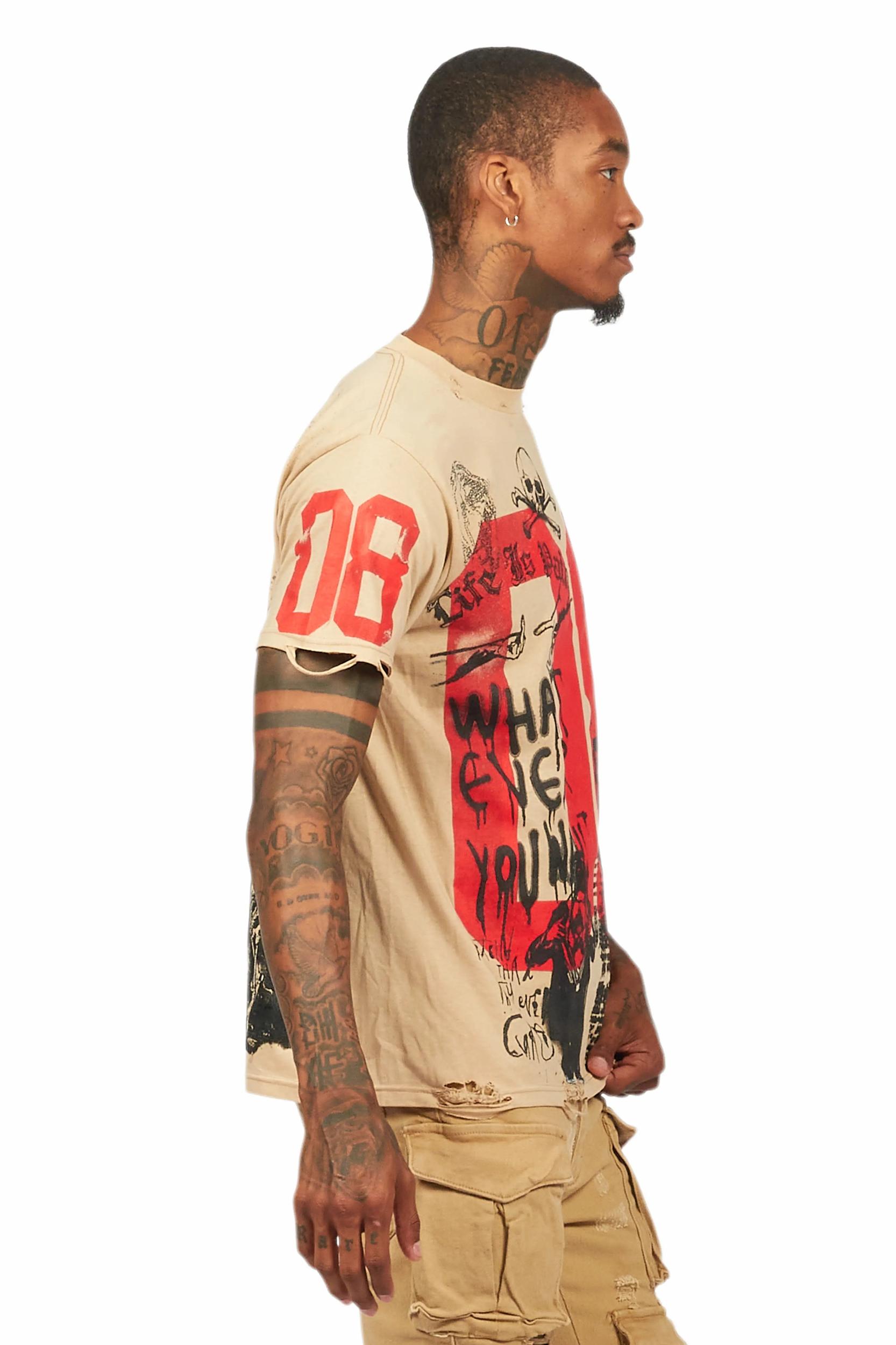 Grill Beige Graphic Oversized T-Shirt Male Product Image