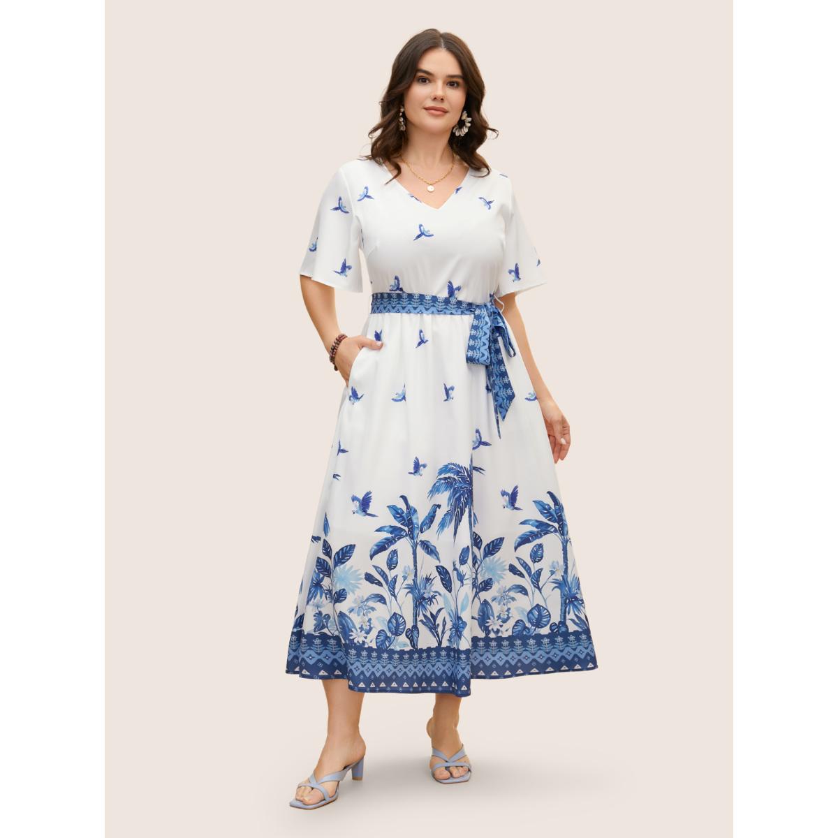 Plus Size V Neck Tropical Print Ruffle Sleeve Maxi Dress Mediumblue Women Resort Tie knot V-neck Short sleeve Curvy BloomChic 10/M Product Image