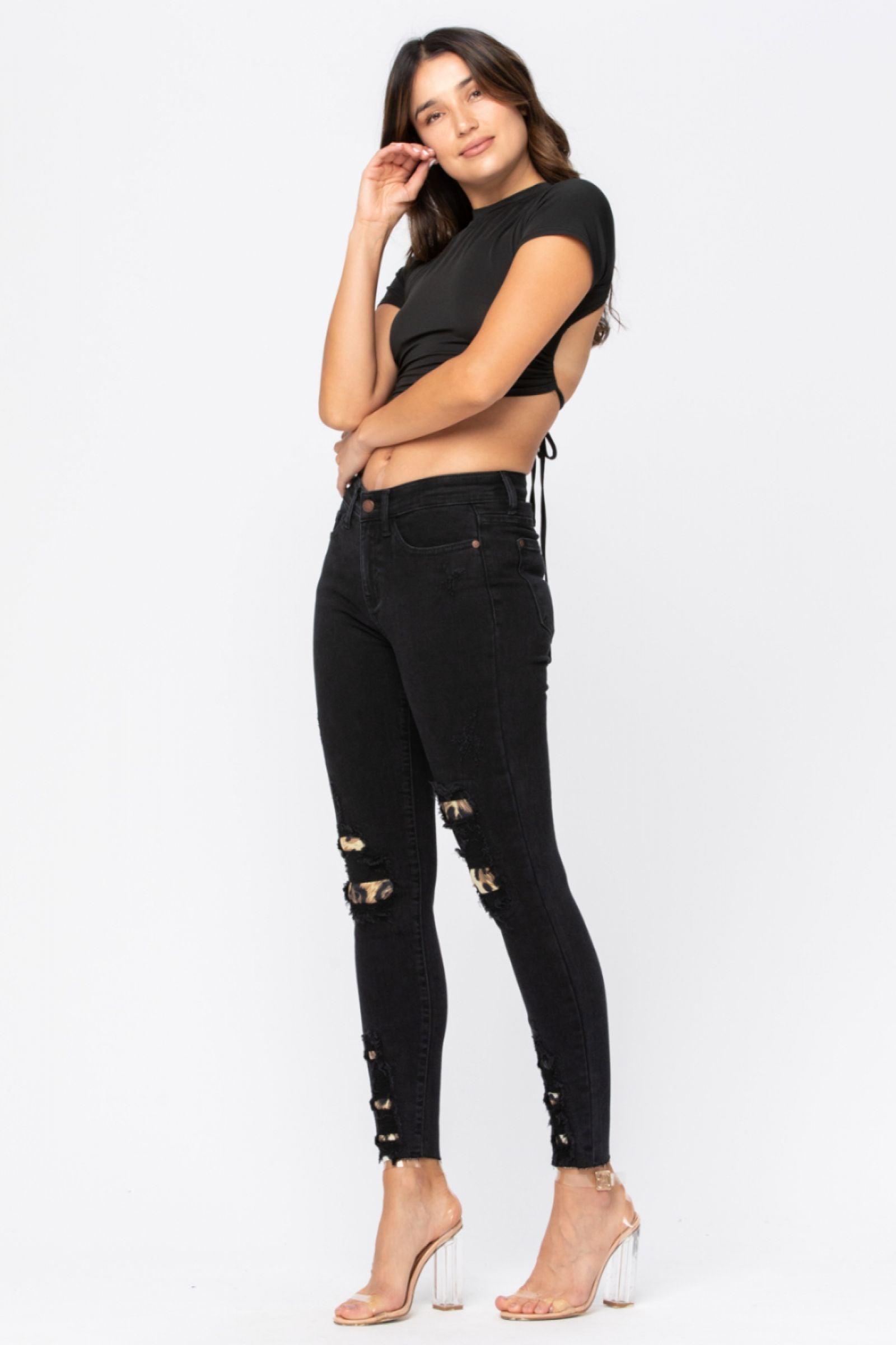 82168   Juliana Black Mid-Rise Skinny Leopard Patch Judy Blue Jeans Product Image