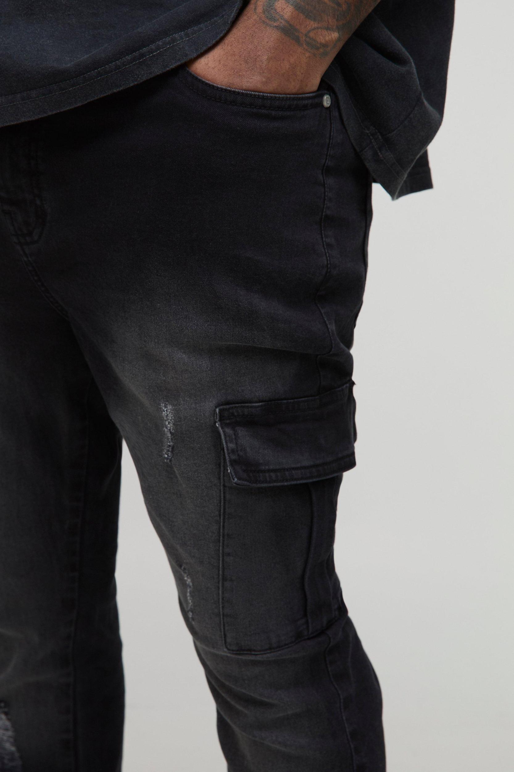Plus Distressed Super Skinny Cargo Jeans | boohooMAN USA Product Image
