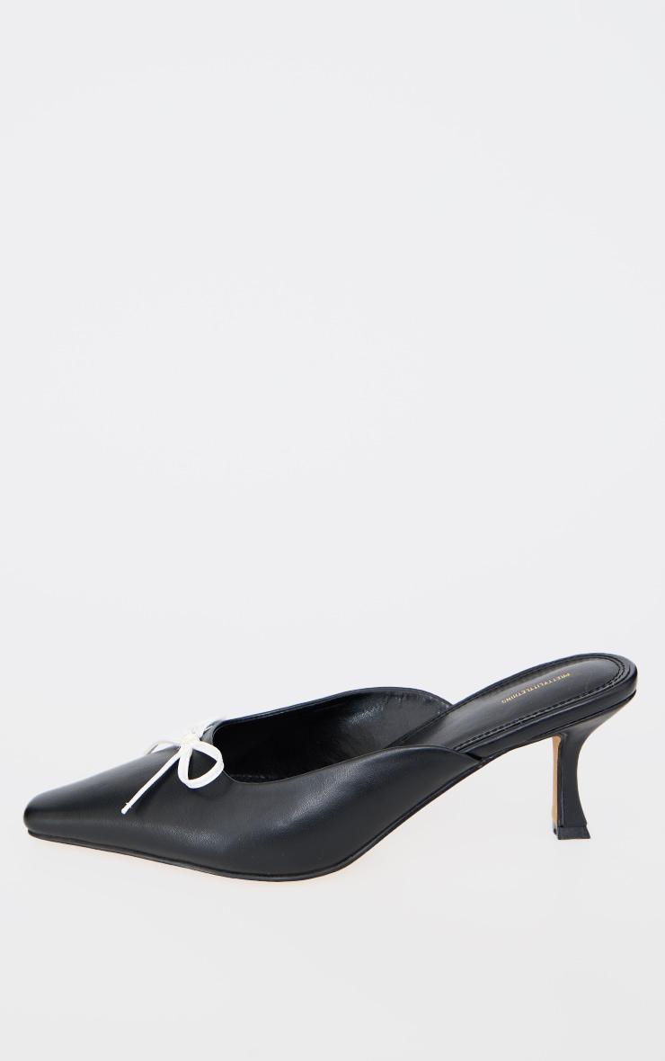Black PU Pointed Square Toe White Bow Detail Low Heel Mule Courts Product Image