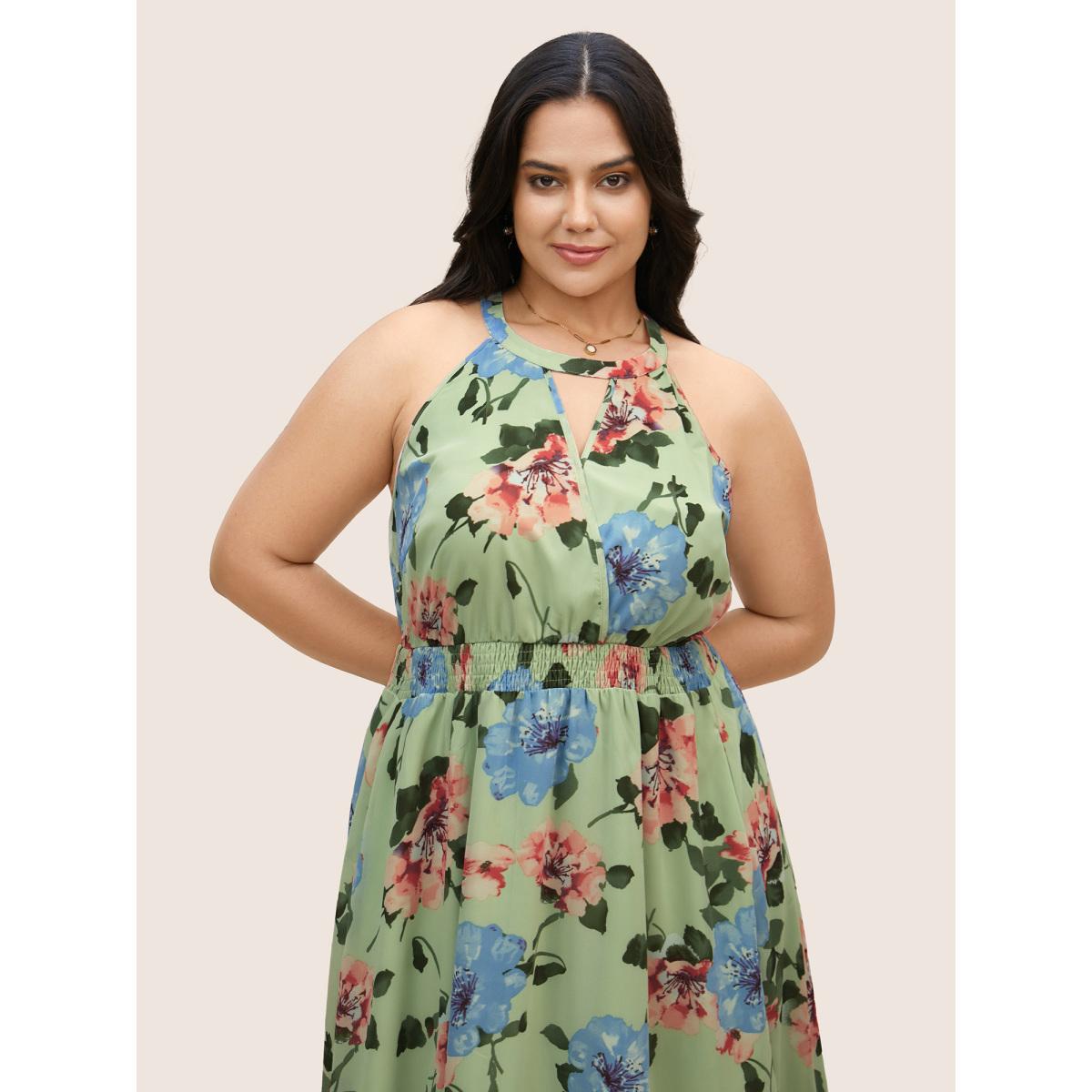 Plus Size Floral Shirred Asymmetrical Hem Sleeveless Dress Palemauve Women Elegant Asymmetrical Round Neck Sleeveless Curvy BloomChic 28/5X Product Image