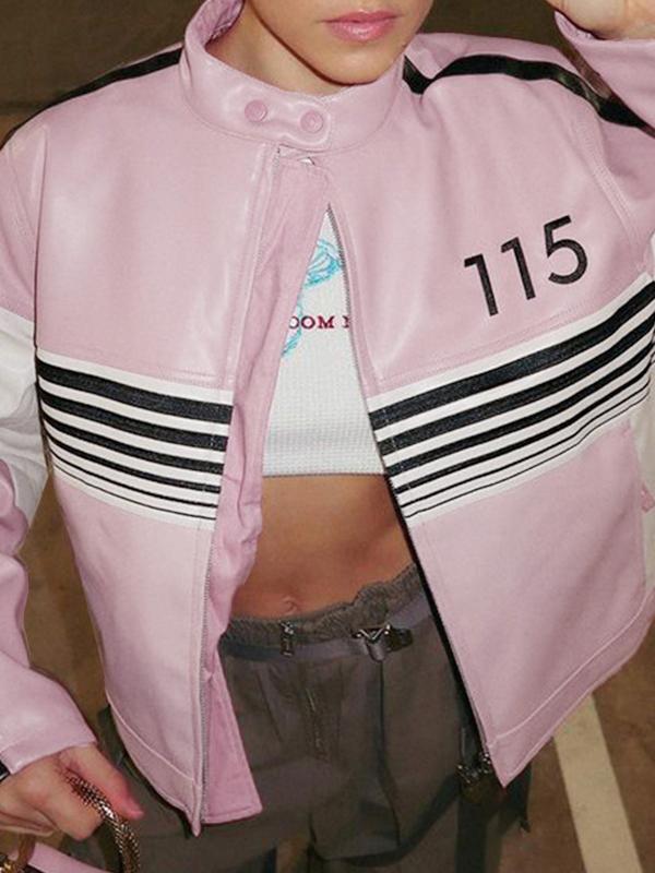 Striped Contrast Color Splice Leather Jacket Product Image