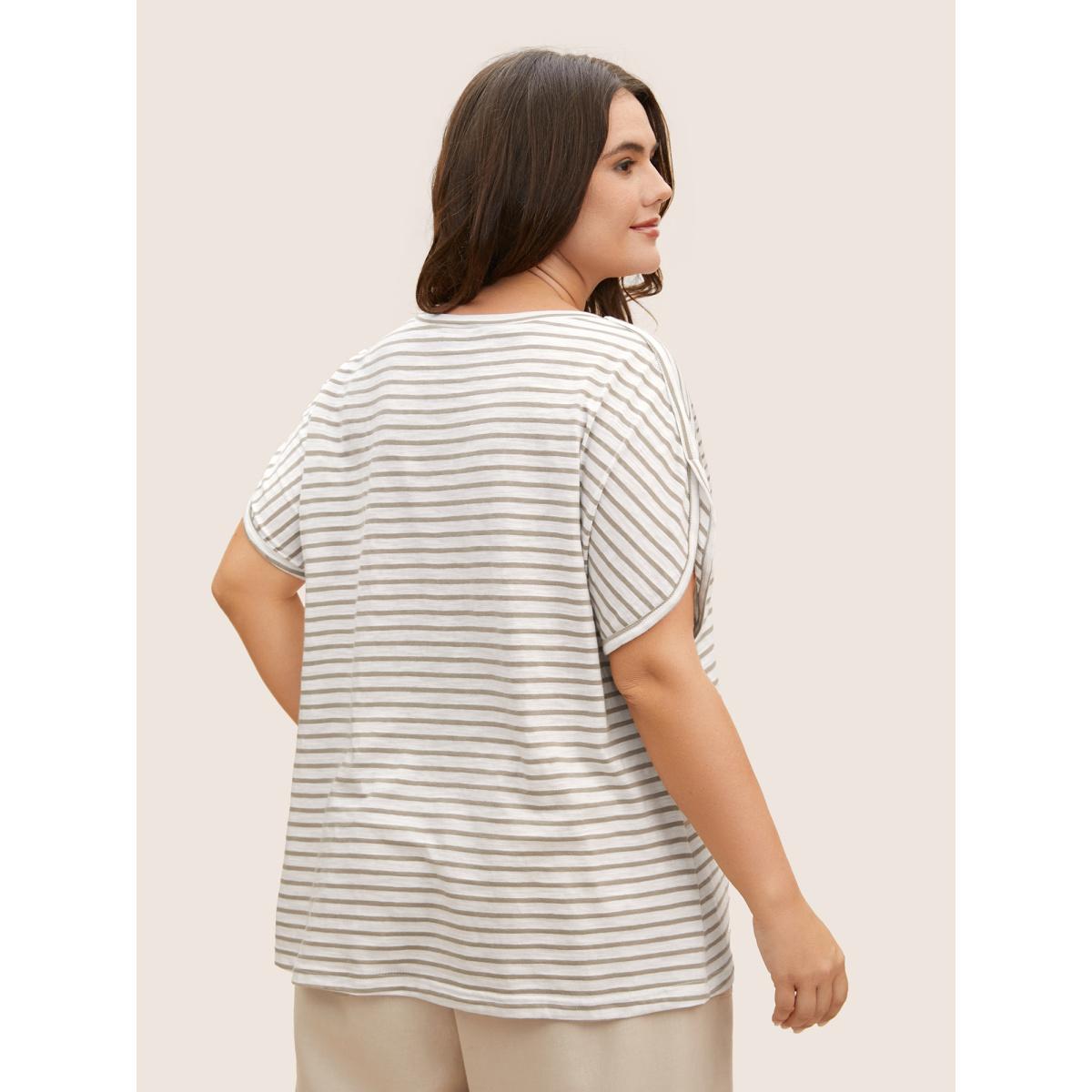 Plus Size Cotton Striped Print Round Neck Petal Sleeve T-shirt Tan Women Casual Contrast Round Neck Everyday T-shirts BloomChic 28/5X Product Image