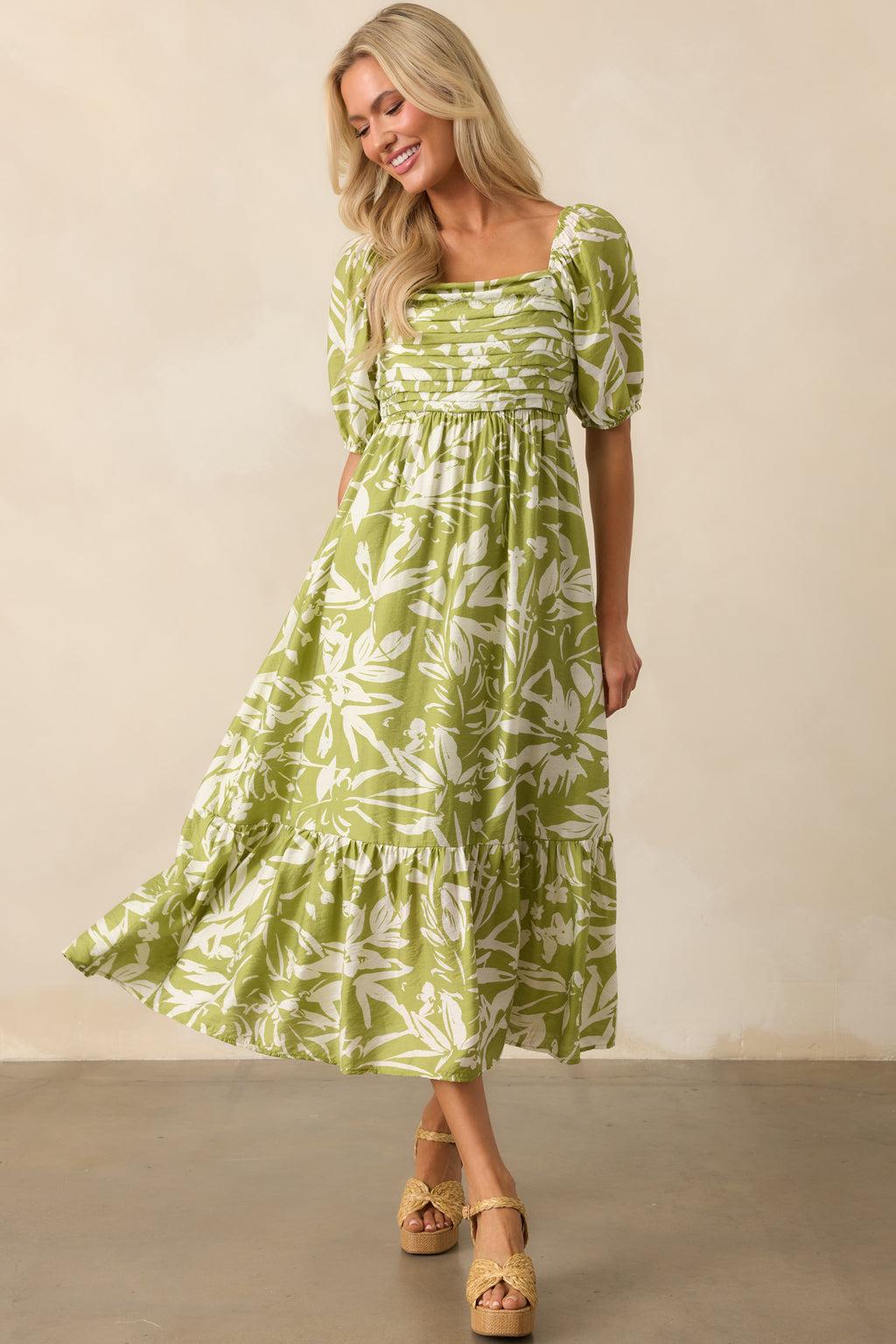 In The Right Places Chartreuse Green Floral Midi Dress Product Image