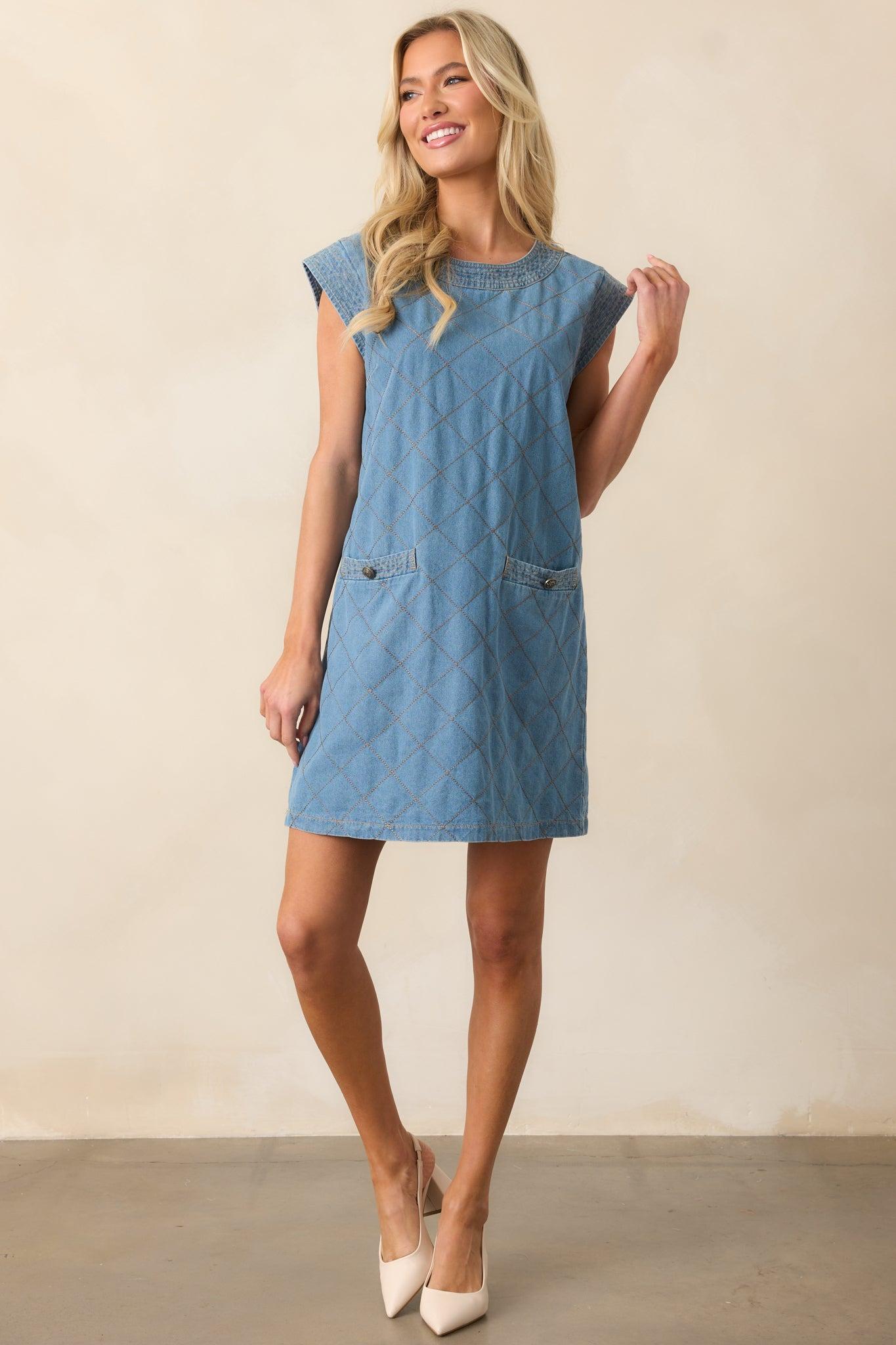 Just Wondering Light Chambray Quilted Mini Dress Product Image