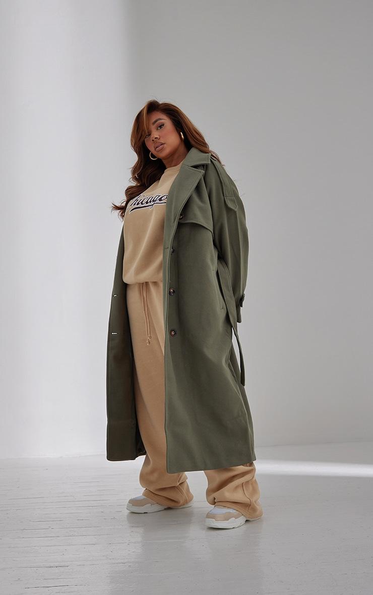 Plus Khaki Oversized Double Breasted Military Trim Coat Product Image