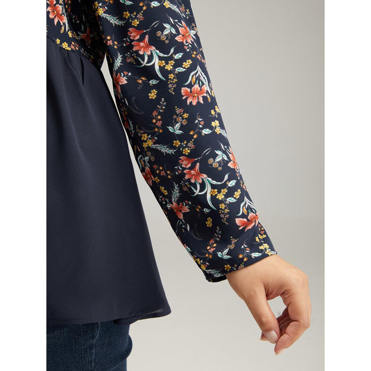 Plus Size Indigo Floral Print Patchwork Pleated Blouse Women Elegant Long Sleeve V-neck Dailywear Blouses BloomChic 22-24/3X Product Image
