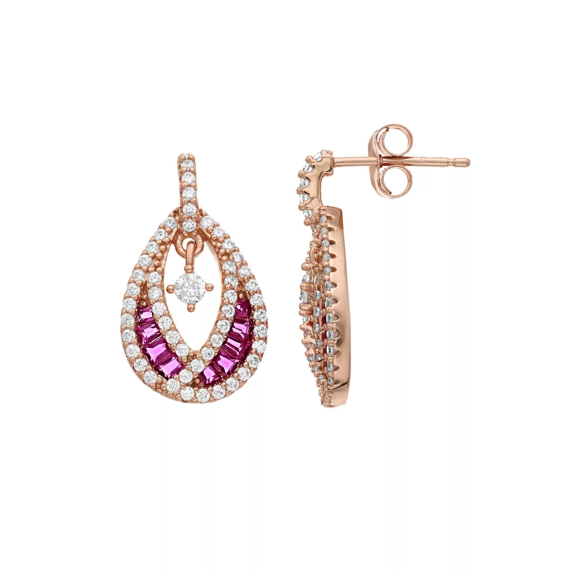 Sterling Silver Blue & White Cubic Zirconia Teardrop Earrings, Women's, Pink Tone Product Image