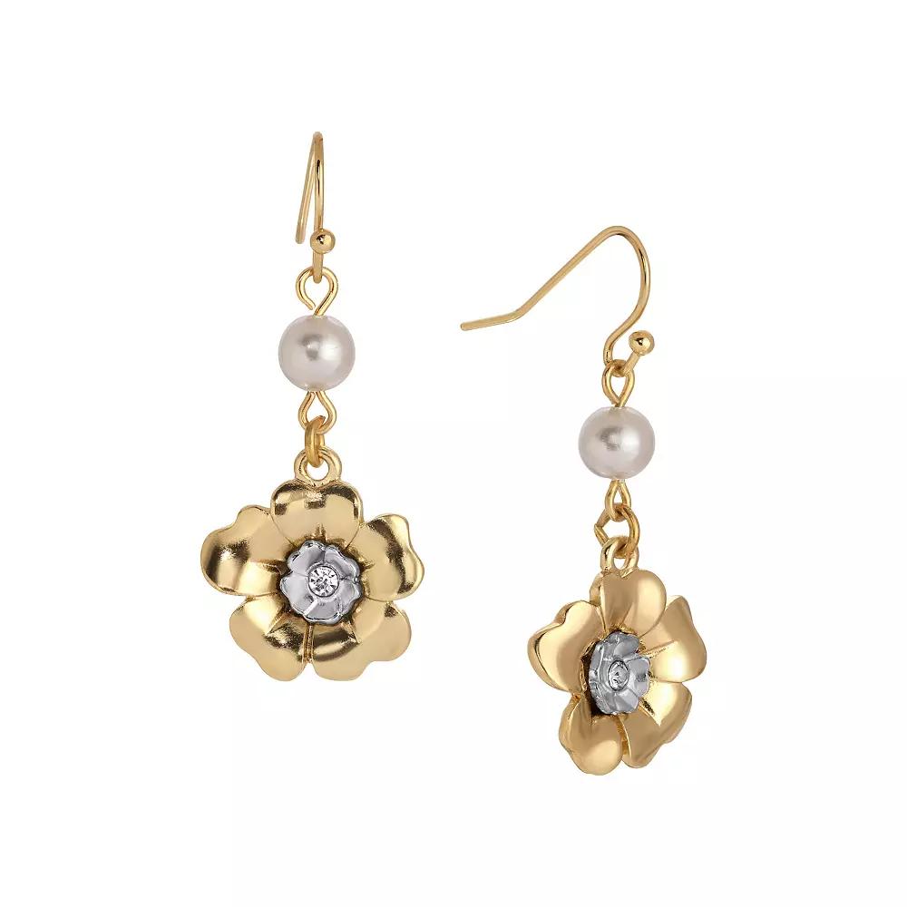 1928 Two-Tone Simulated Pearl Crystal Flower Wire Earrings, Womens, Yellow Product Image
