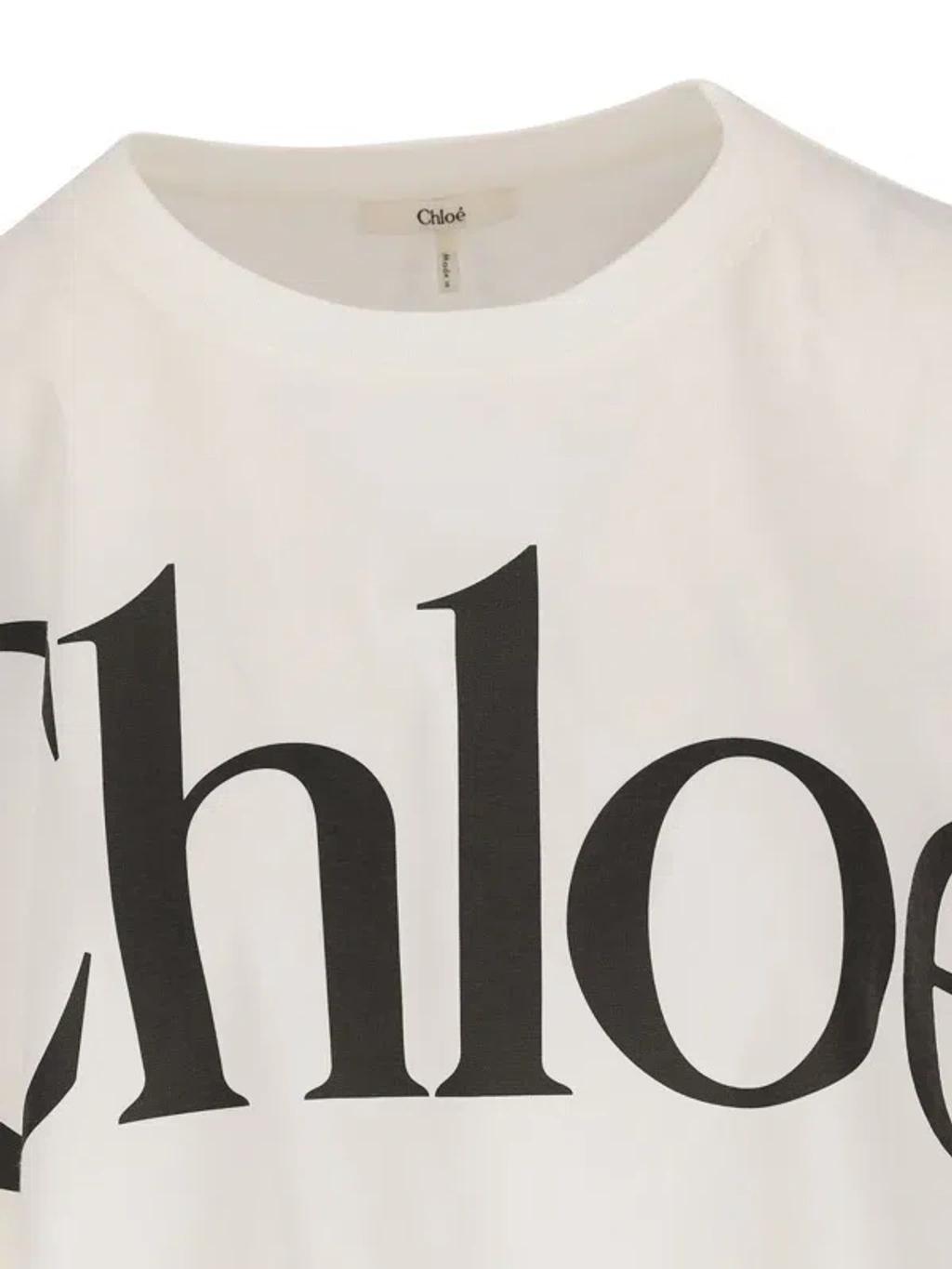 CHLOÉ White Cropped Crewneck T-shirt With Maxi Logo Print On The Front In Cotton Woman In Multicolor Product Image
