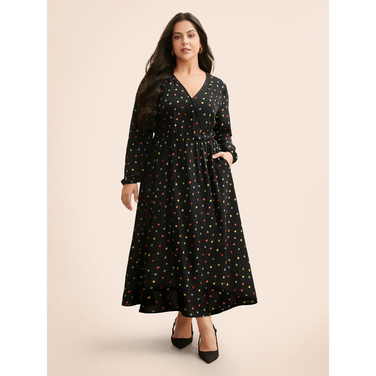 Plus Size Overlap Collar Color Polka Dot Dress Black Women Elegant Gathered Overlap Collar Long Sleeve Curvy BloomChic 18-20/2X Product Image