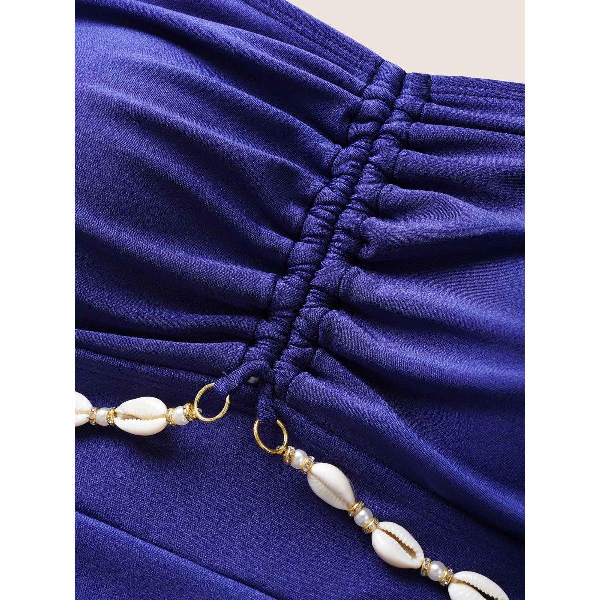 Plus Size Plain Shell Detail Gathered One Piece Swimsuit Women's Swimwear Indigo Beach Wraparound straps Curve Bathing Suits High stretch One Pieces BloomChic 14-16/1X Product Image