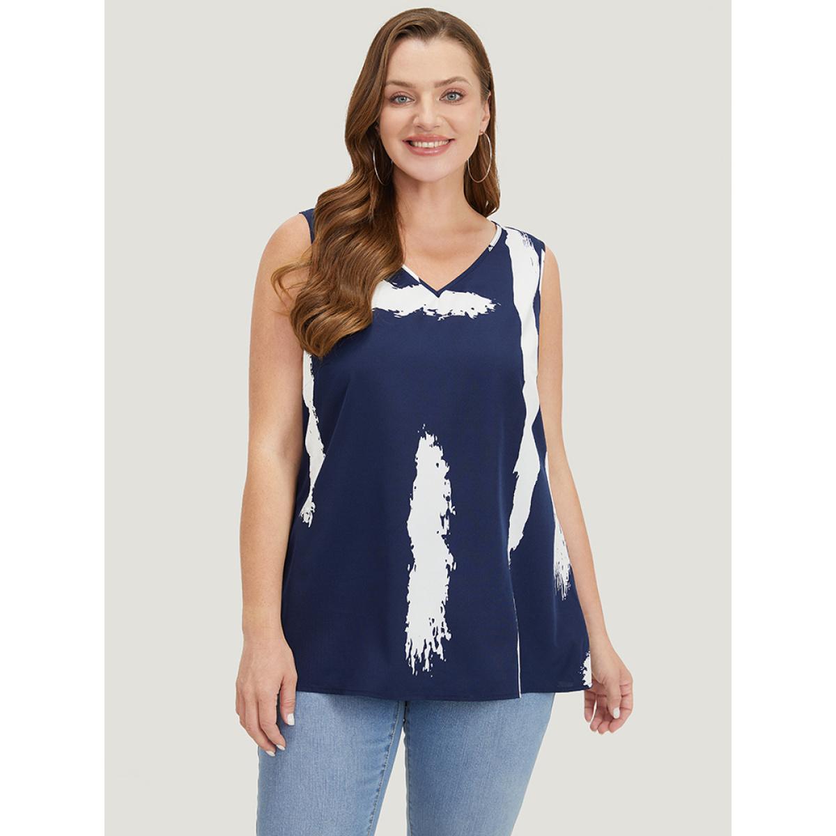 Plus Size Brush Print V Neck Tank Top Women Navy Casual V-neck Dailywear Tank Tops Camis BloomChic 10/M Product Image