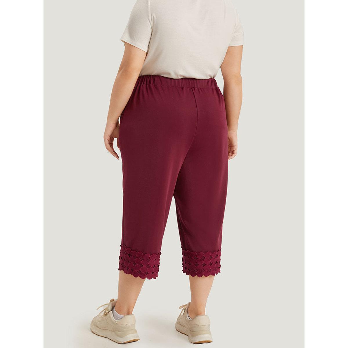 Plus Size Plain Pocket Elastic Waist Trim Hem Pants Women Burgundy Casual High Rise Dailywear Pants BloomChic 18-20/2X Product Image