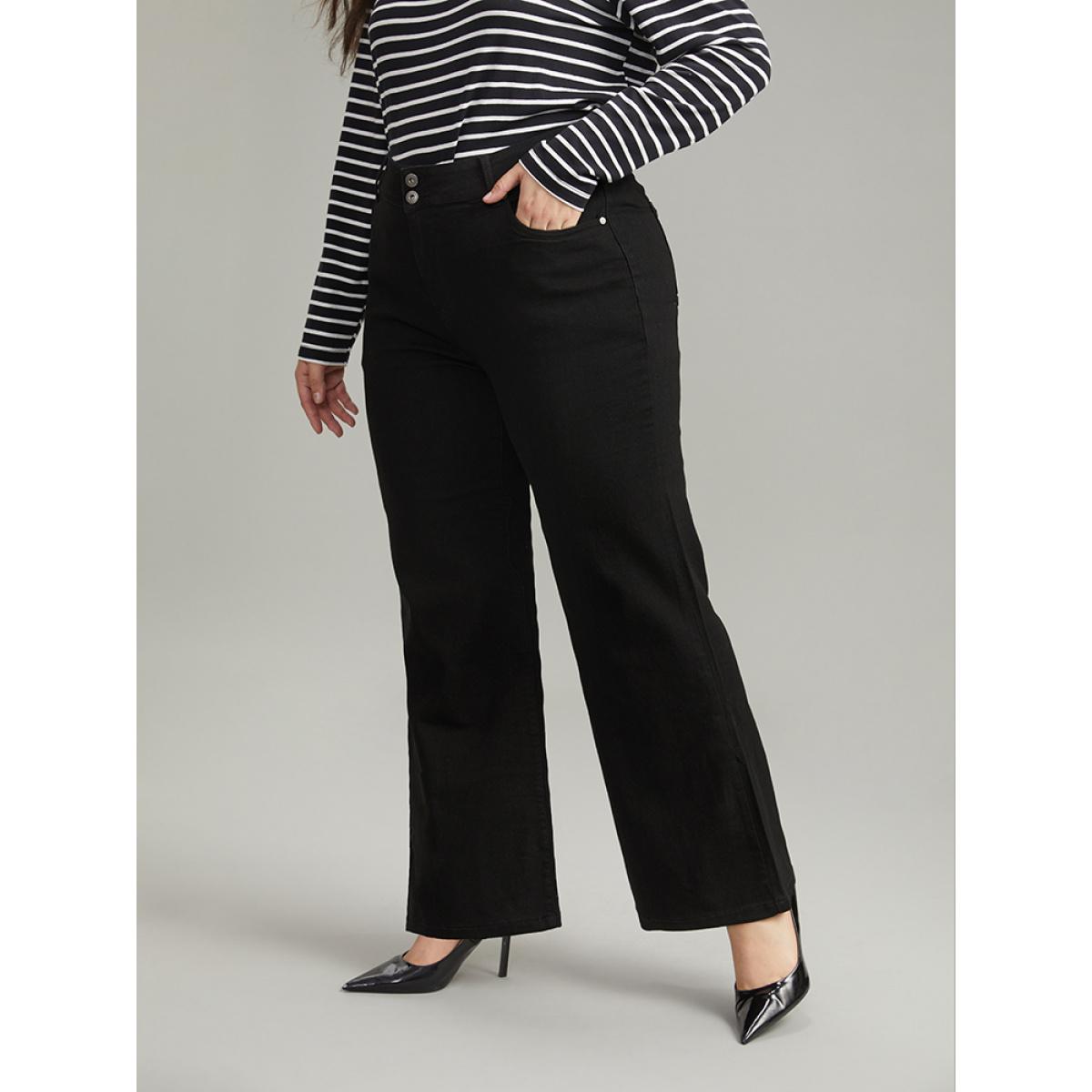 Plus Size Wide Leg Black Wash Very Stretchy Jeans Women Black Casual Plain Non High stretch Slanted pocket Jeans BloomChic 24/3X Product Image