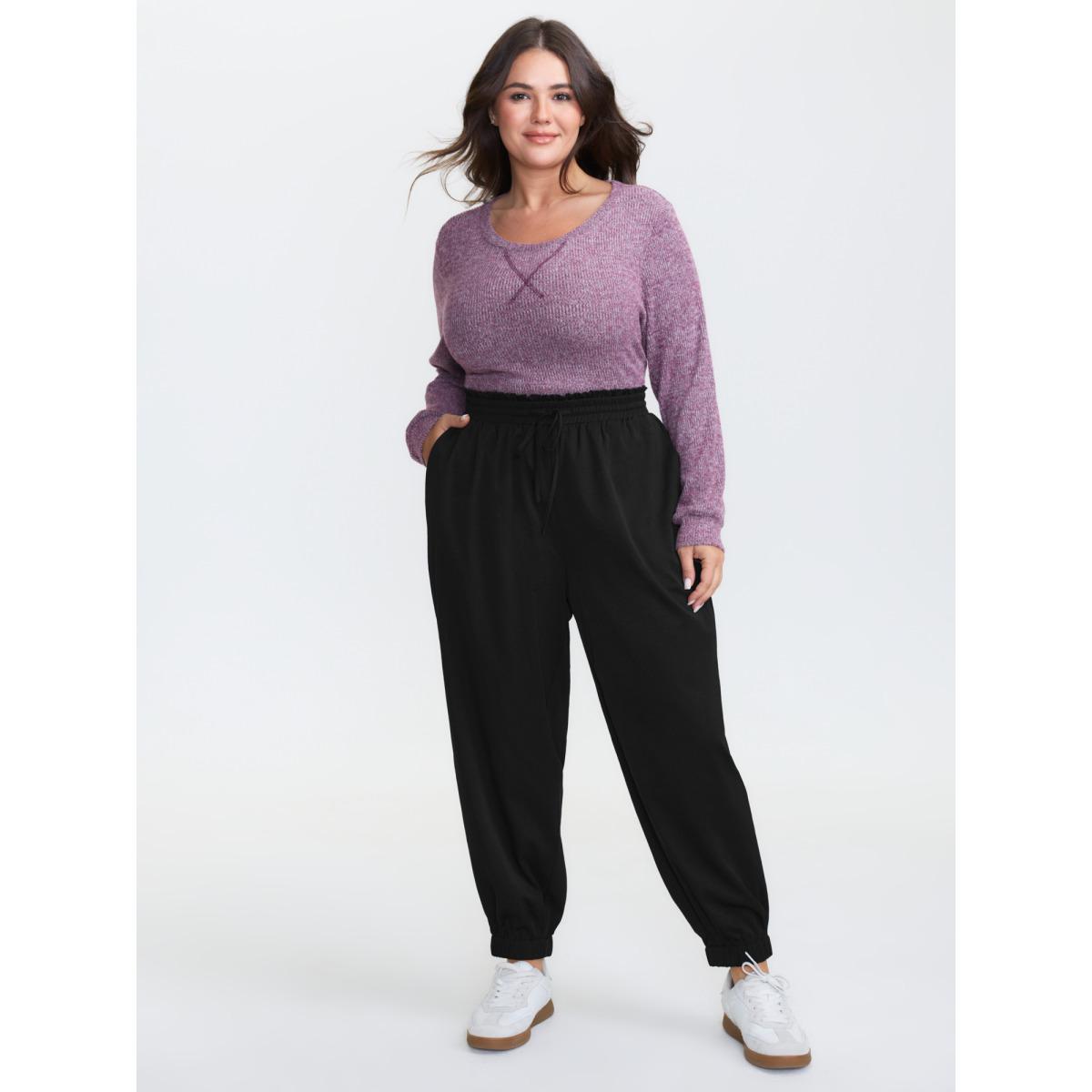 Plus Size Ruffled Waist Drawstring Tapered Pants Women Black Leisure Mid Rise Casual Pants BloomChic 22-24/3X Product Image