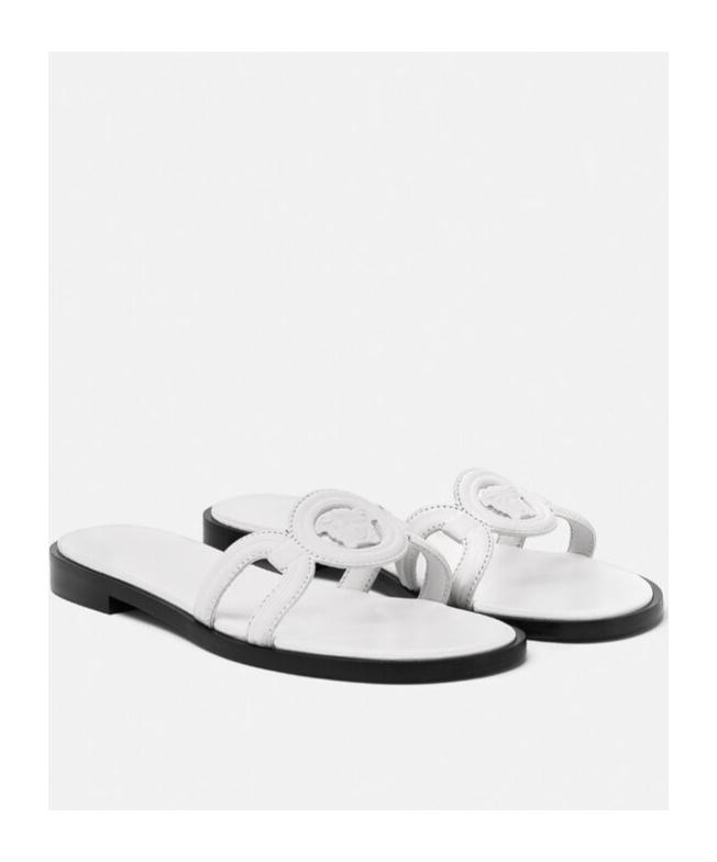 VERSACE Medusa Leather Flat Slide Sandals In White Product Image