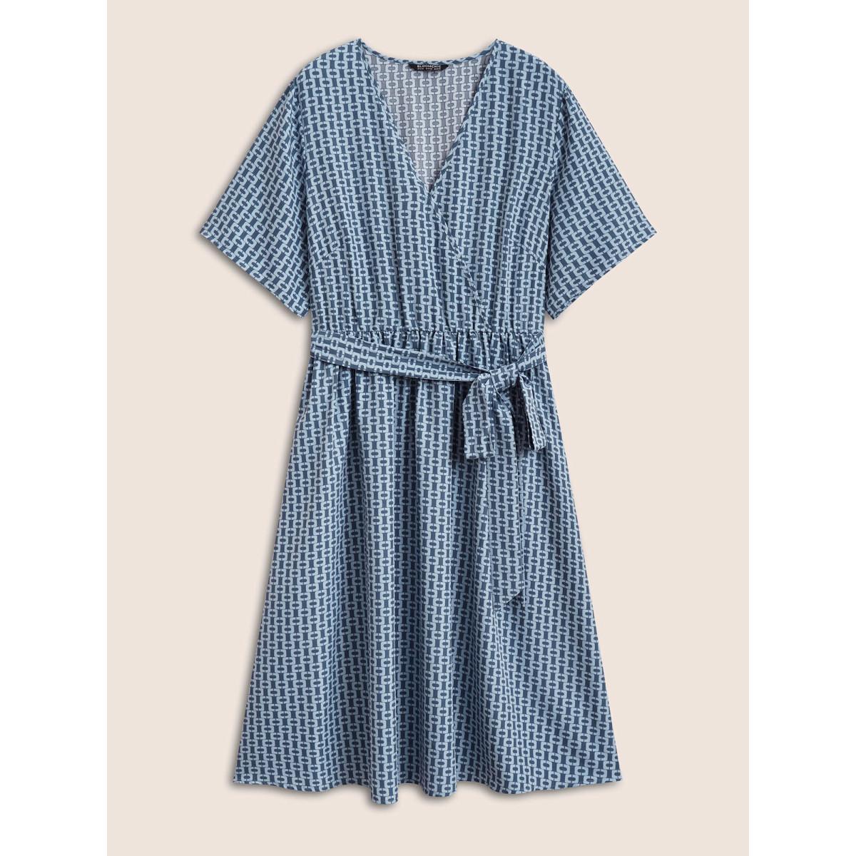 Plus Size Geometric Overlap Collar Elastic Waist Belted Dress Blue Women At the Office Overlapping Overlap Collar Half Sleeve Curvy Midi Dress BloomChic 14-16/1X Product Image