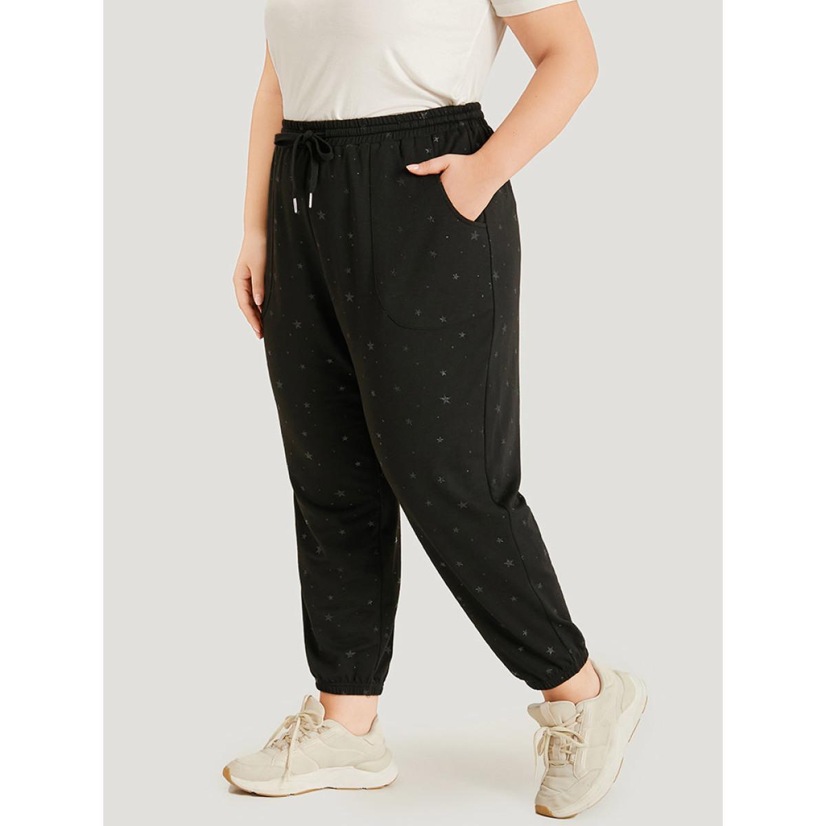 Star Drawstring Slant Pocket Elastic Waist Sweatpants Black Plus Size Women Casual Dailywear Elastic Waist 22-24/3X Bloomchic Product Image