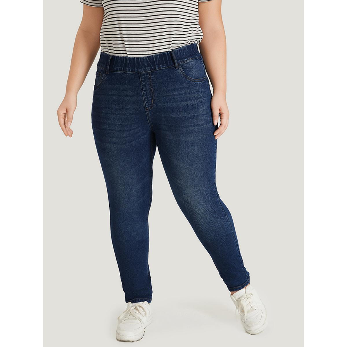 Plus Size Plain Elastic Waist Medium Wash Roll Hem Jeans Women DarkBlue Casual Plain Plain High stretch Pocket Jeans BloomChic 28/5X Product Image