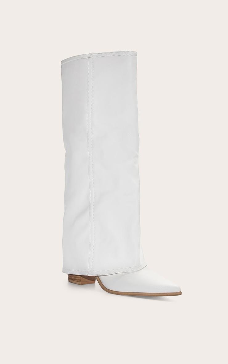Wide Fit White Pu Fold Over Knee High Block Heel Western Boots Product Image
