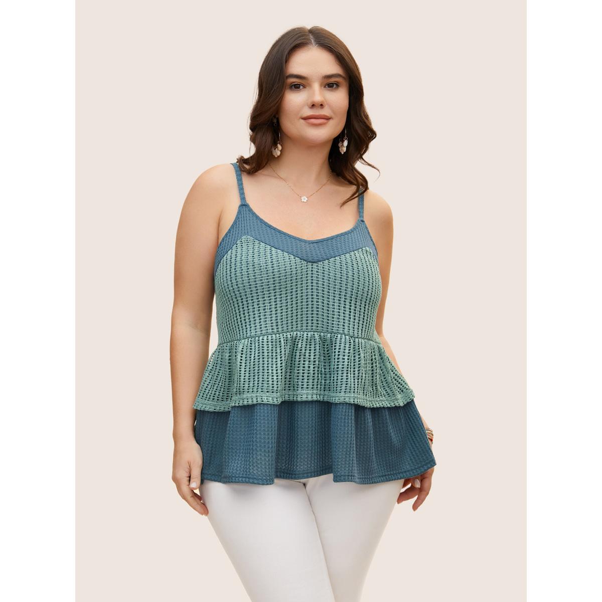 Plus Size Patchwork Contrast Waffle Knit Cami Top Women Cyan Resort Texture V-neck Vacation Tank Tops Camis BloomChic 28/5X Product Image