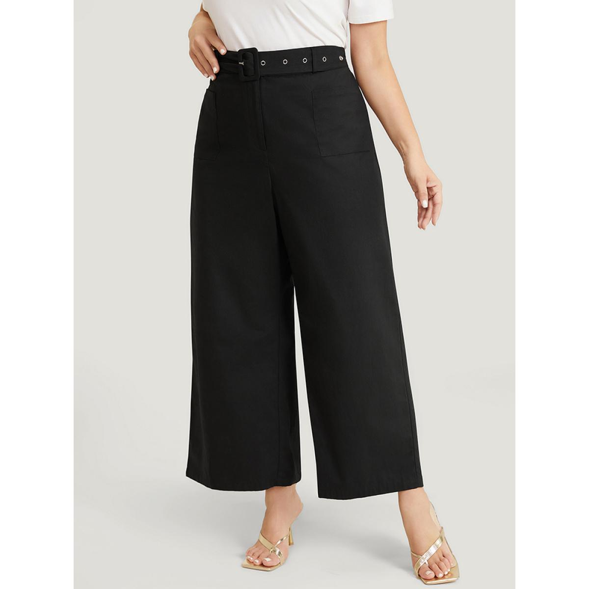 Plus Size Solid Pocket Eyelet Detail Buckle Belted Pants Women Black Office Wide Leg High Rise Dailywear Pants BloomChic 30/6X Product Image