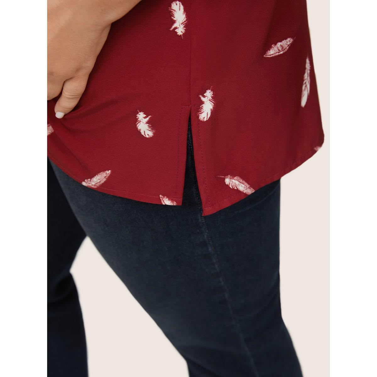 Plus Size Scarlet Feather Print Half Zip Tab Sleeve Split Hem Blouse Women Work From Home Long Sleeve Round Neck Work Blouses BloomChic 14-16/1X Product Image