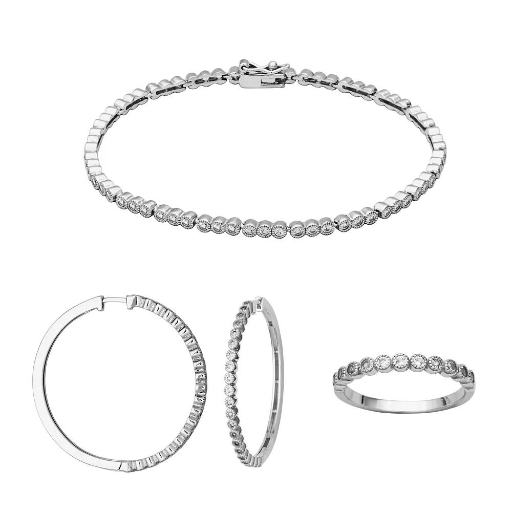 Sterling Silver Lab-Created White Sapphire Ring, Bracelet, and Hoop Earrings Set, Women's, Size: 7 Product Image