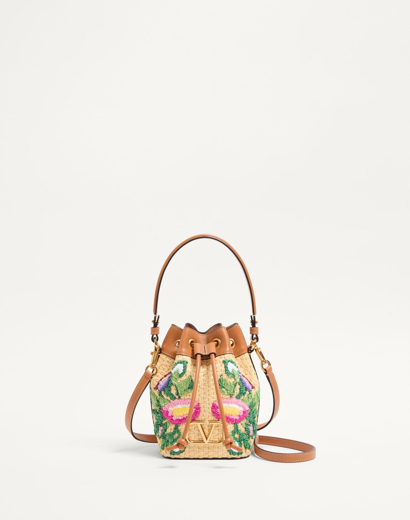 Vlogo Signature Mini Bucket Bag In Raffia With Floral Embroidery Product Image