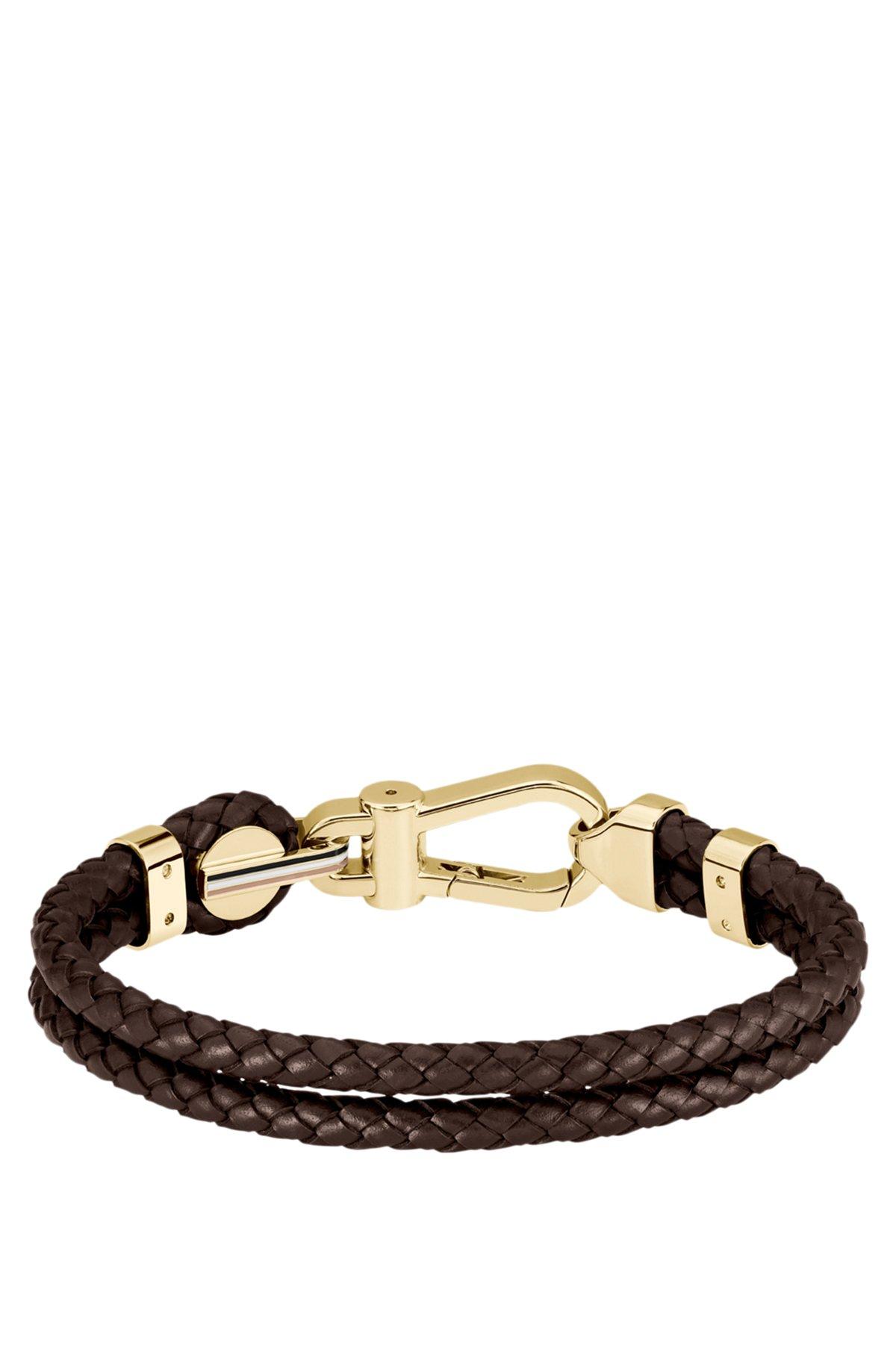 Brown braided-leather cuff with gold-tone carabiner closure Product Image