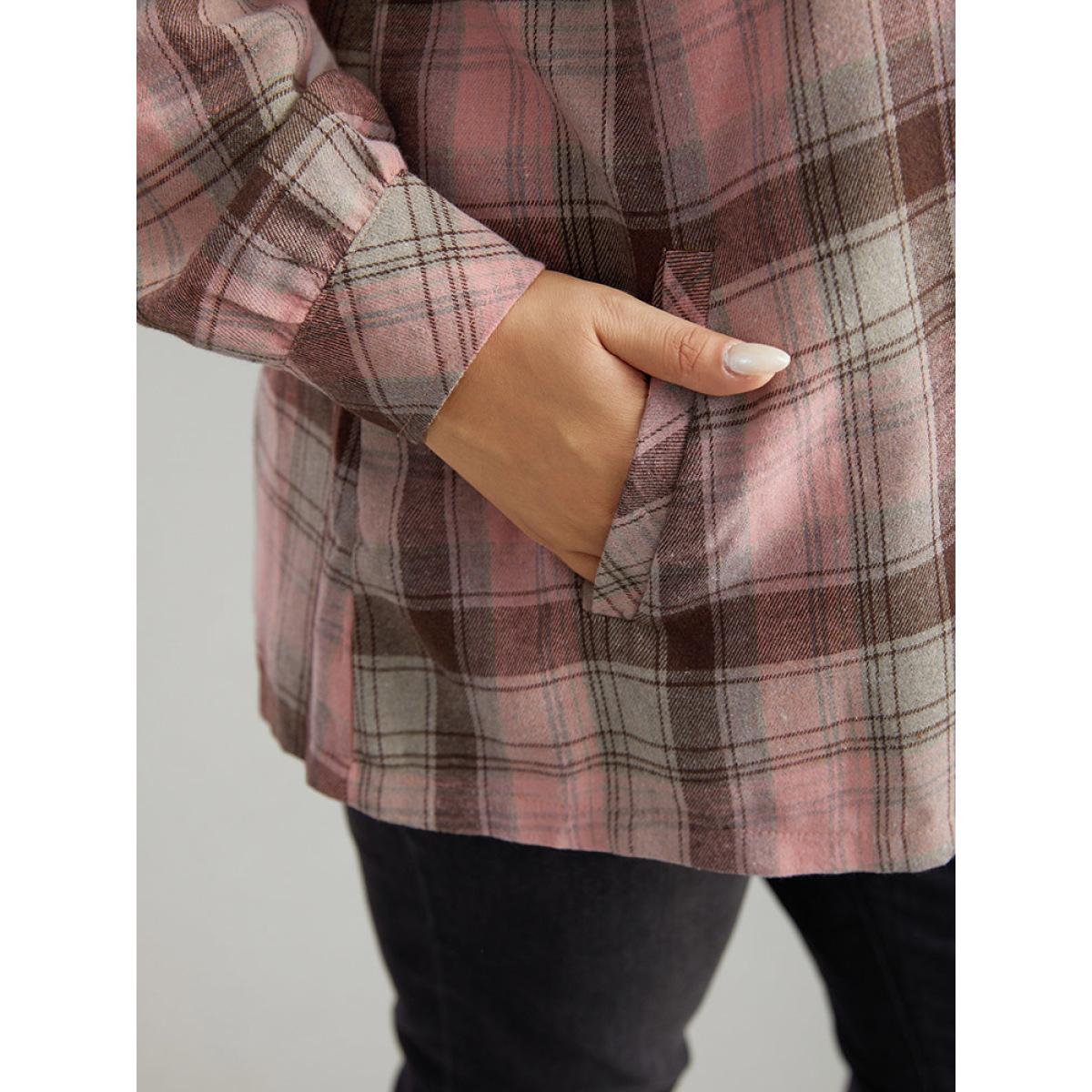 Plus Size Plaid Contrast Flap Pocket Button Fly Shacket Women Watermelon Casual Contrast Ladies Dailywear Winter Coats BloomChic 30/6X Product Image