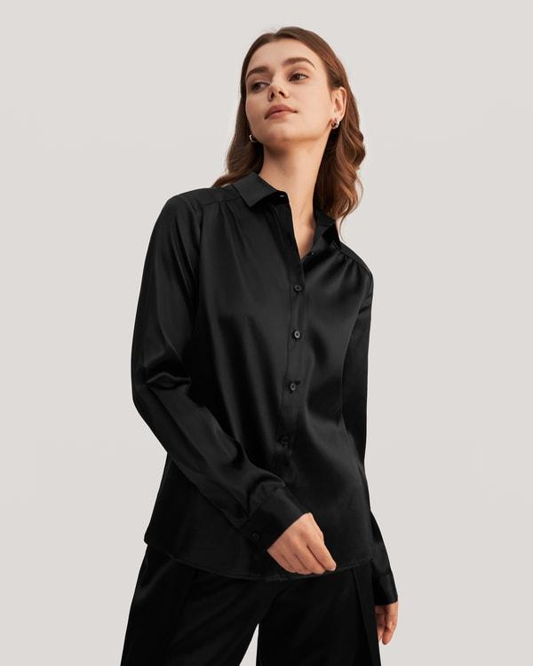 Long Sleeves Collared Silk Blouse Product Image