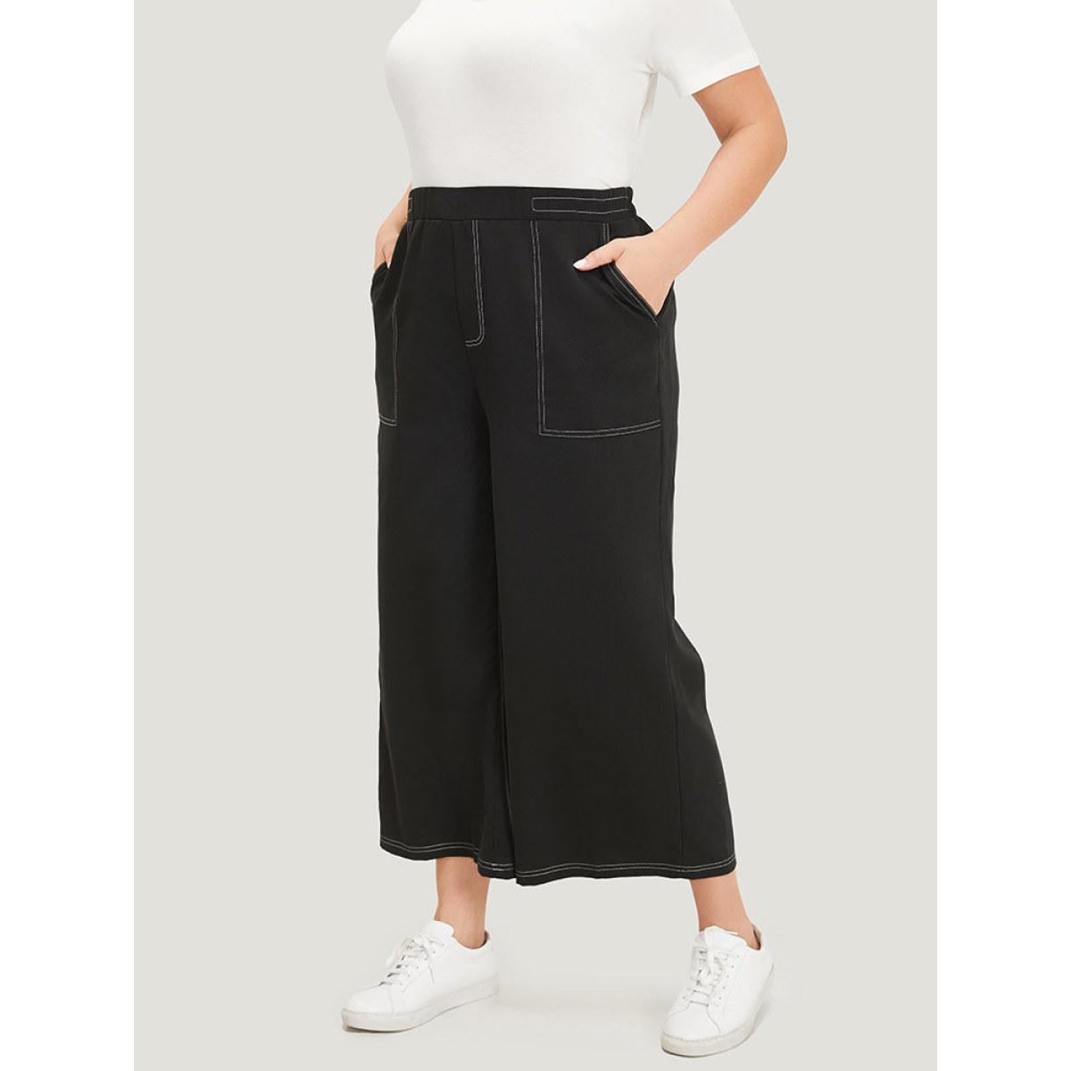 Plus Size Plain Stitch Slant Pocket High Rise Pants Women Black Elegant Straight Leg High Rise Dailywear Pants BloomChic 10/M Product Image
