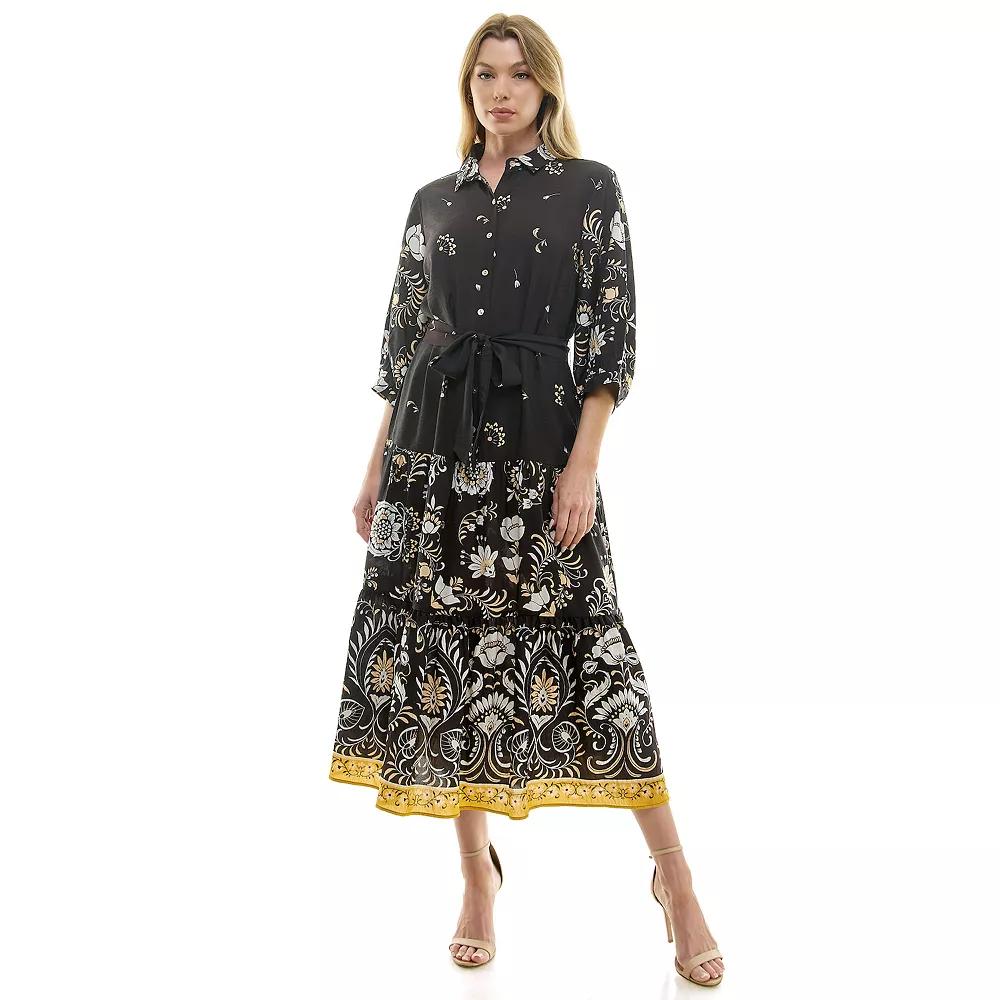 Women's Figueroa & Flower Button Front Belted Maxi Dress, Size: Large, Black Yellow Product Image