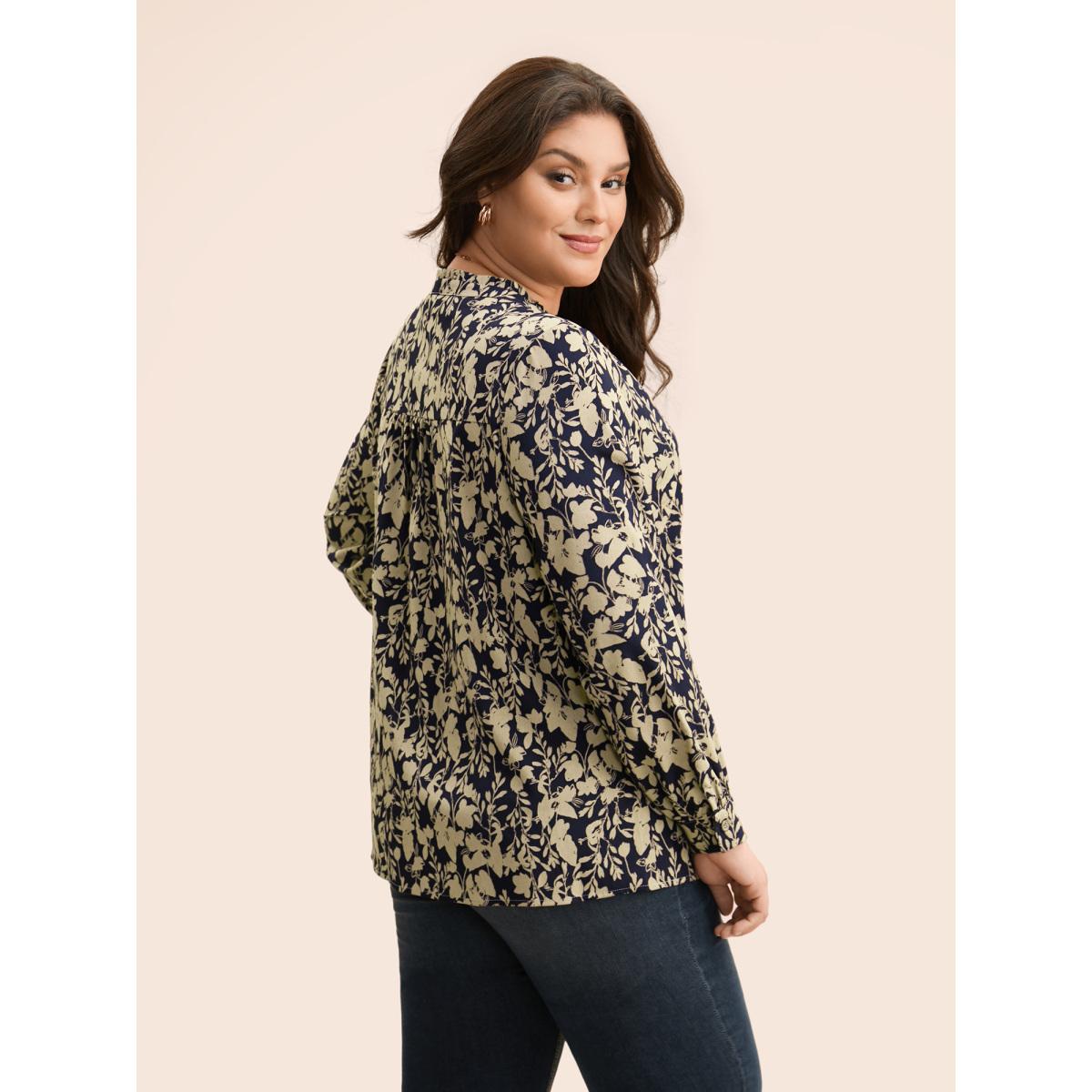 Plus Size Indigo Silhouette Floral Print Notched Frill Trim Blouse Women Elegant Long Sleeve Notched collar Everyday Blouses BloomChic 14-16/1X Product Image