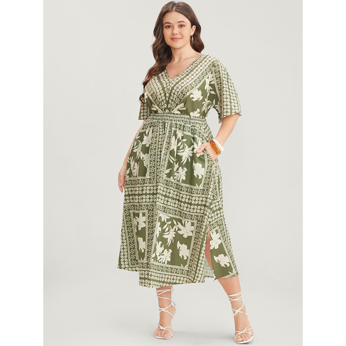 Plus Size Floral Print Ruffles V Neck Shirred Pocket Split Hem Dress Mint Women Vacation Pocket V-neck Short sleeve Curvy Midi Dress BloomChic 18-20/2X Product Image