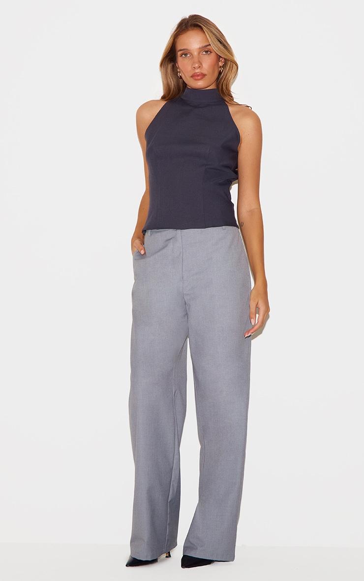 Navy Woven High Neck Tie Detail Top Product Image