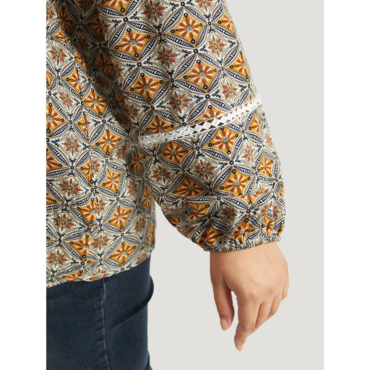 Plus Size Bronze Boho Print Notched Contrast Lace Blouse Women Vacation Long Sleeve Notched collar Dailywear Blouses BloomChic 14-16/1X Product Image