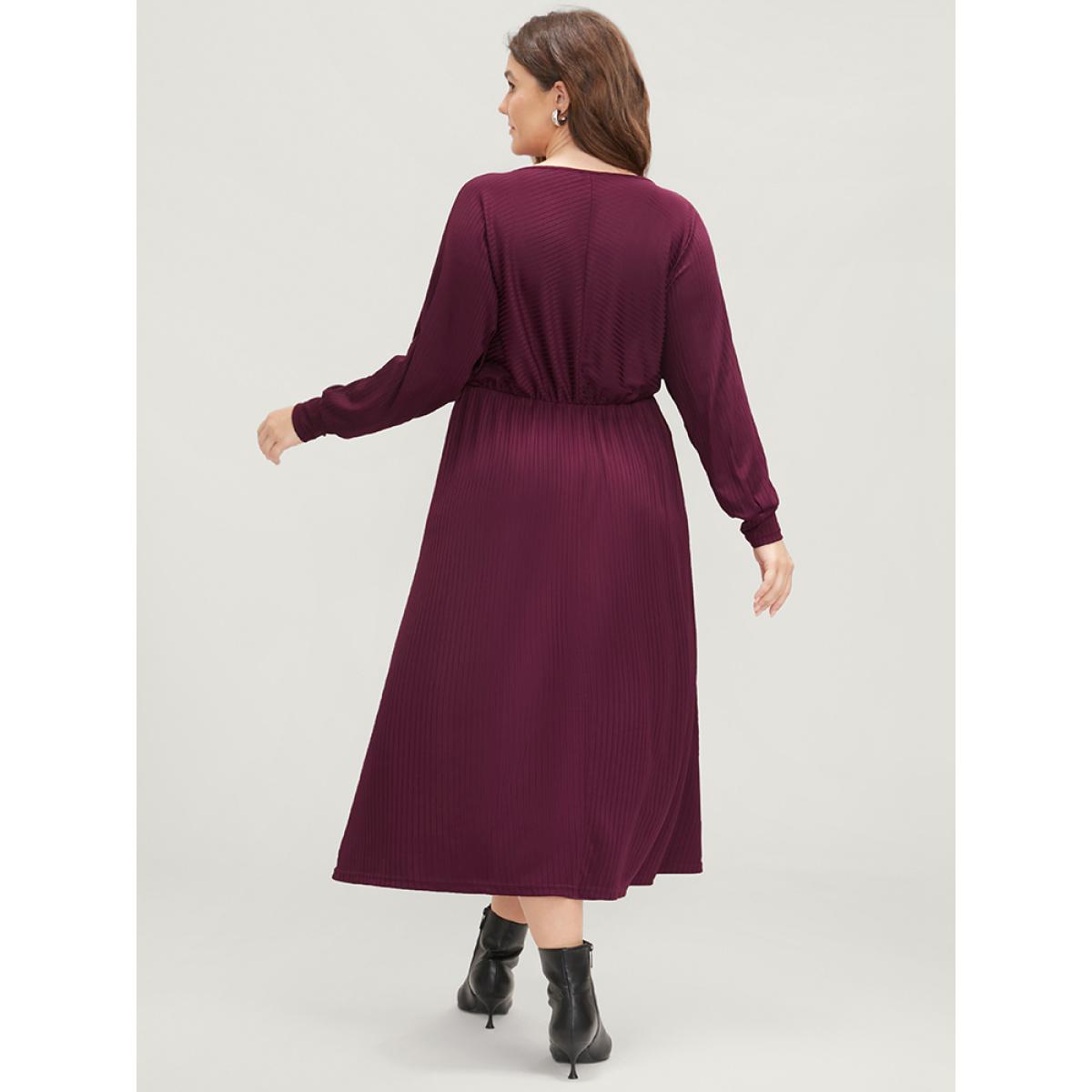 Plus Size Solid Dolman Sleeve Pocket Rib Knit Wrap Dress Burgundy Women Elegant Wrap V-neck Long Sleeve Curvy Midi Dress BloomChic 14-16/1X Product Image
