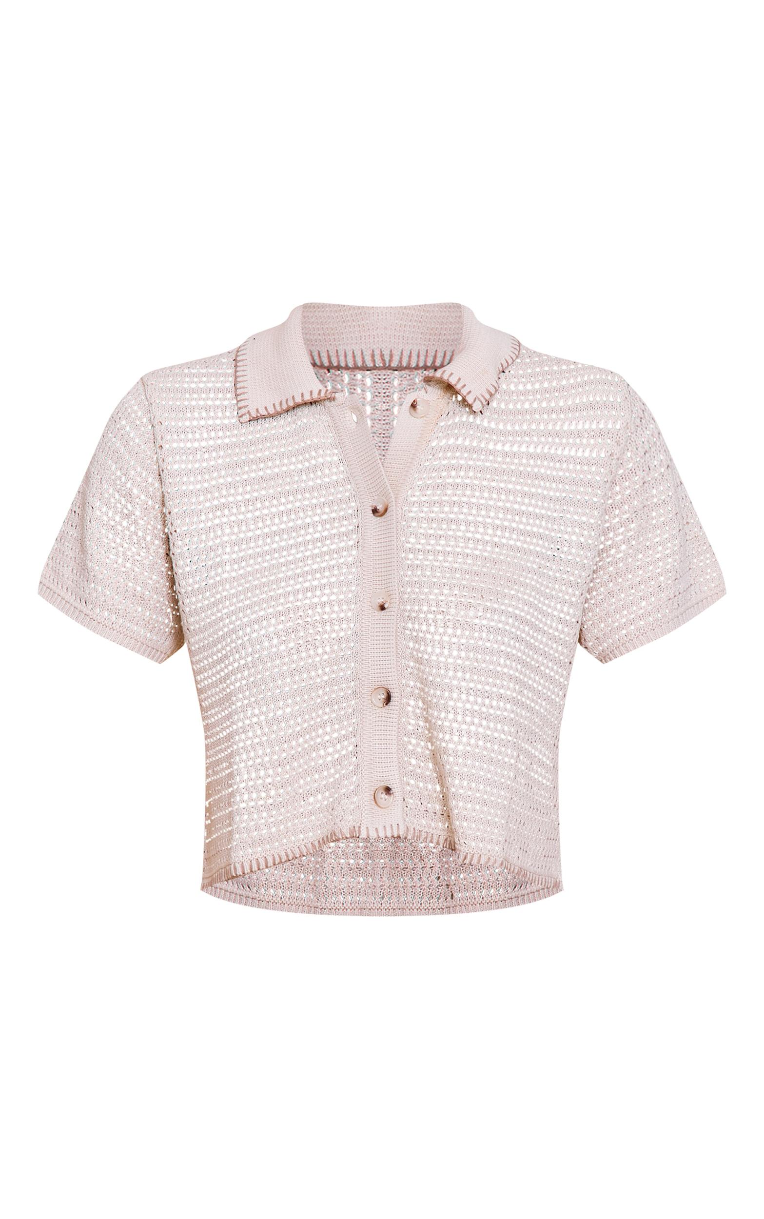 Oatmeal Contrast Stitch Crochet Knit Polo Top Product Image