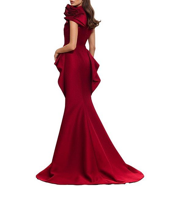 Terani Couture Taffeta One Floral Applique Shoulder Peplum Gown Product Image