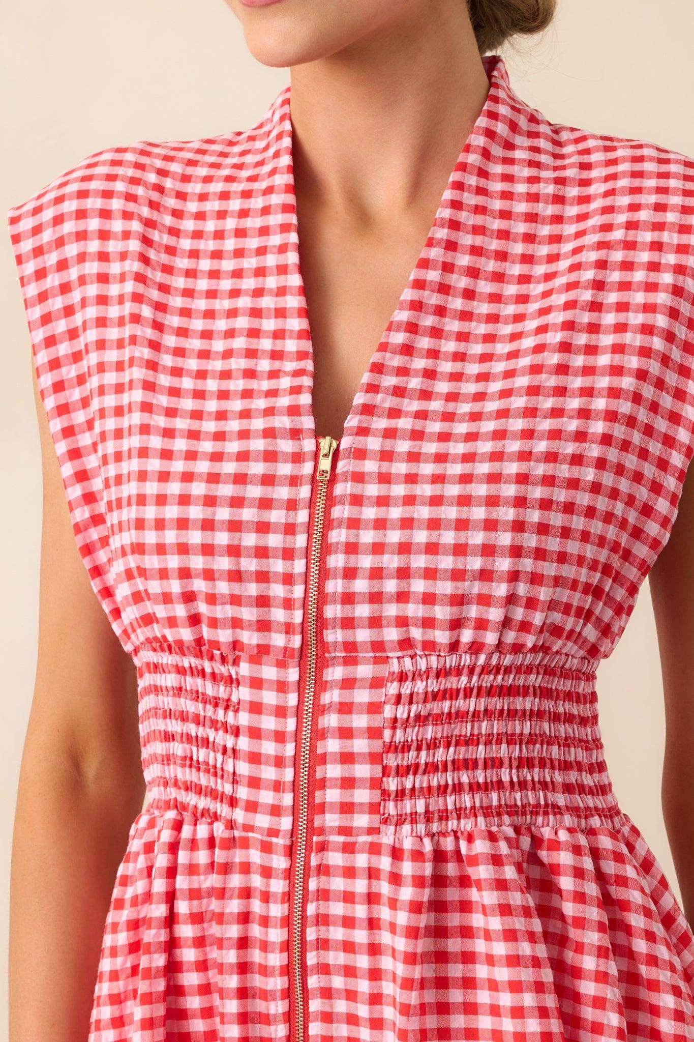 The Evette Red Gingham Zip Front Midi Dress Product Image