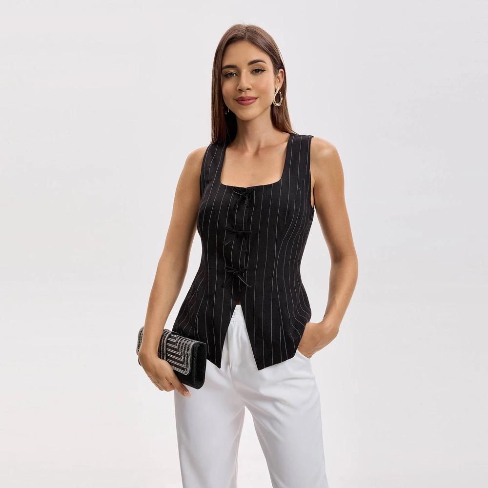 Women's Square Neck Sleeveless Front Bow Tie Closure Vest Top - A New Day™ Blue M Product Image