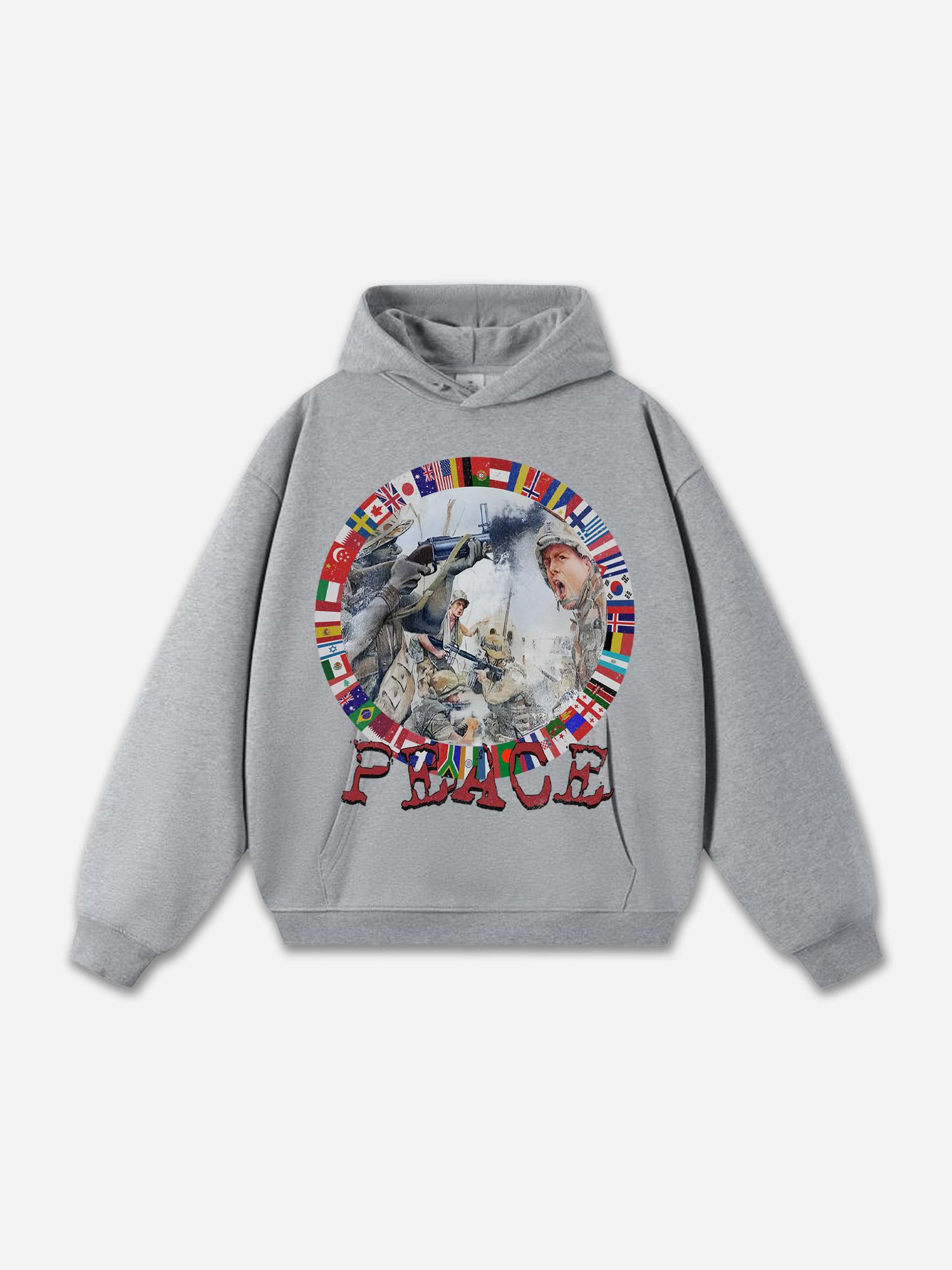 Fashion Peace In War Print Graphic Loose Hoodie Product Image
